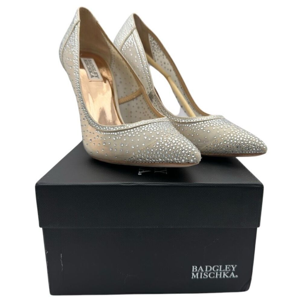Badgley Mischka Womens Weslee Embellished Satin Mesh Pumps Silver Size 8.5